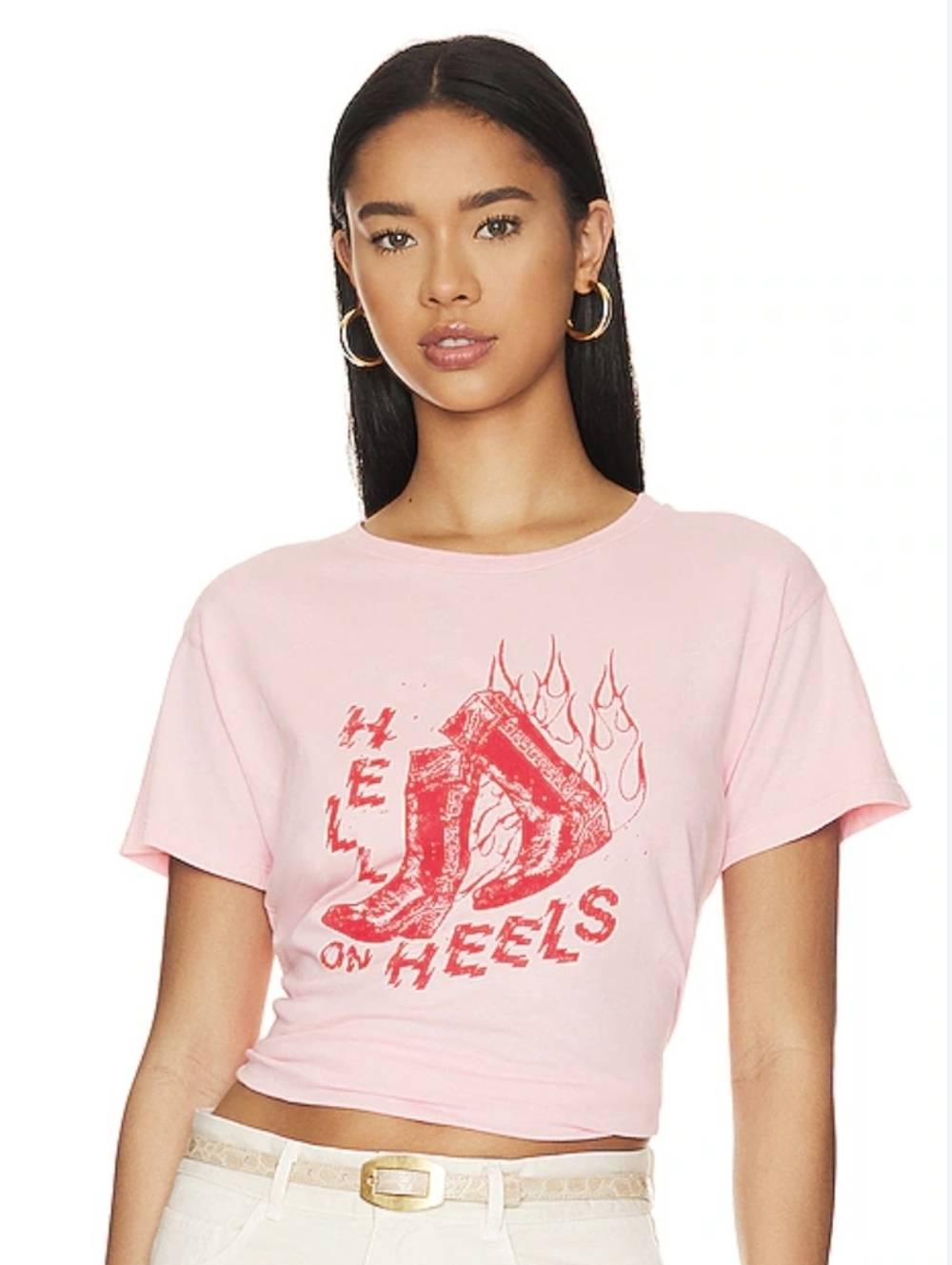 Daydreamer Pink Crop Tee with Red Graphic - 'Heels on Heels'